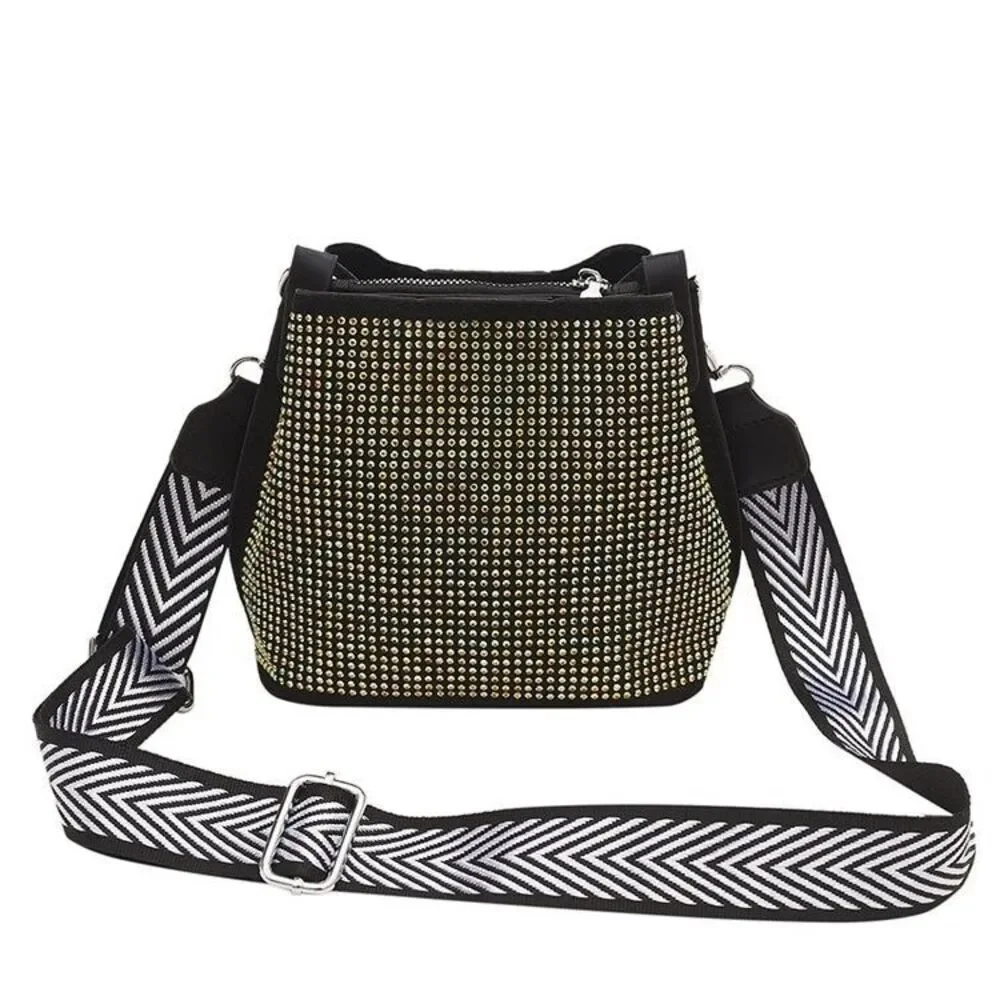 Women's Black And Gold  Bucket Shoulder Bag With Long Wide Strap